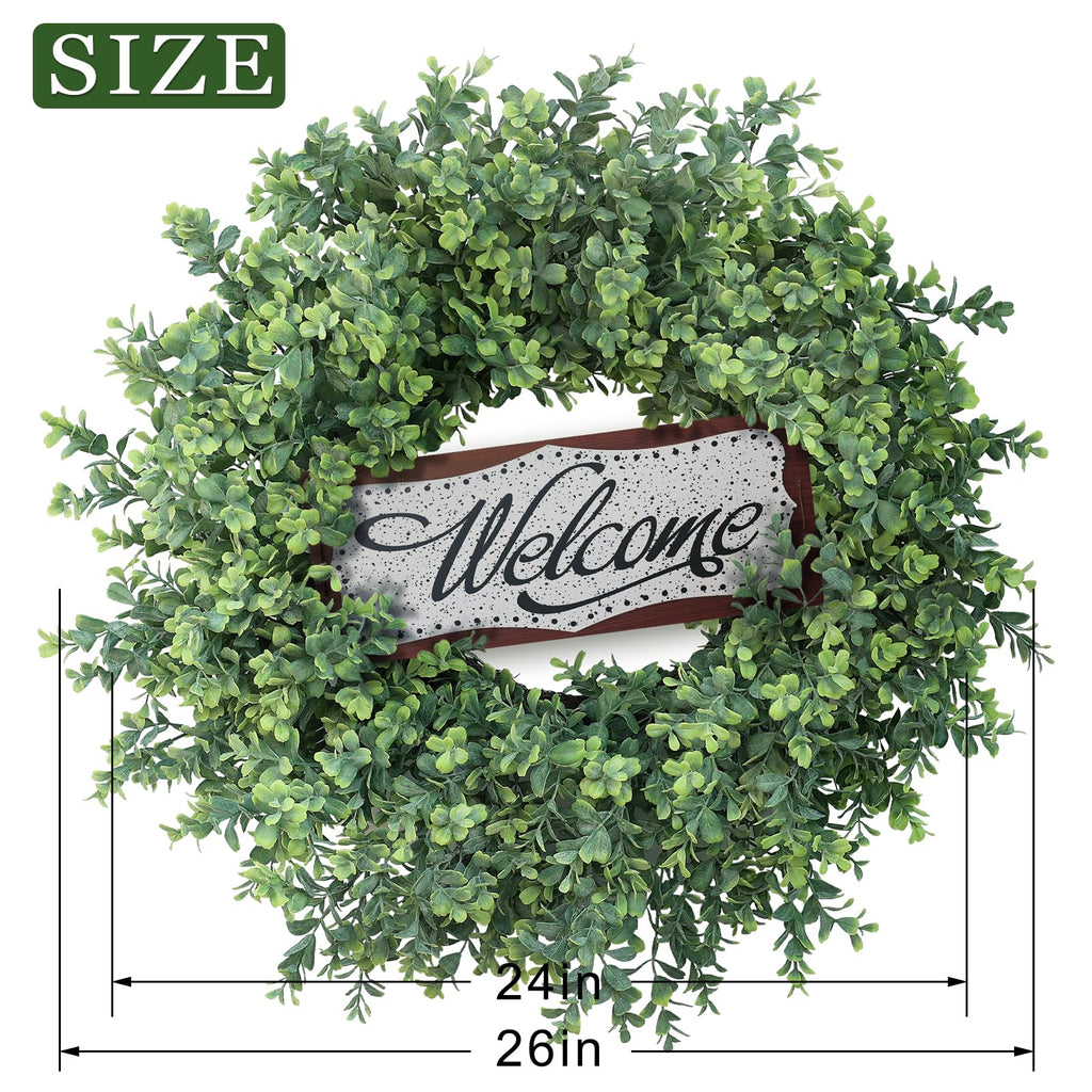 26" Artificial Boxwood Wreath with Welcome Sign for Front Door Decor(Green)