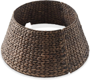 24-Inch Christmas Tree Collar, Woven Water Hyacinth Tree Base Cover with Cord Cut Out, Espresso