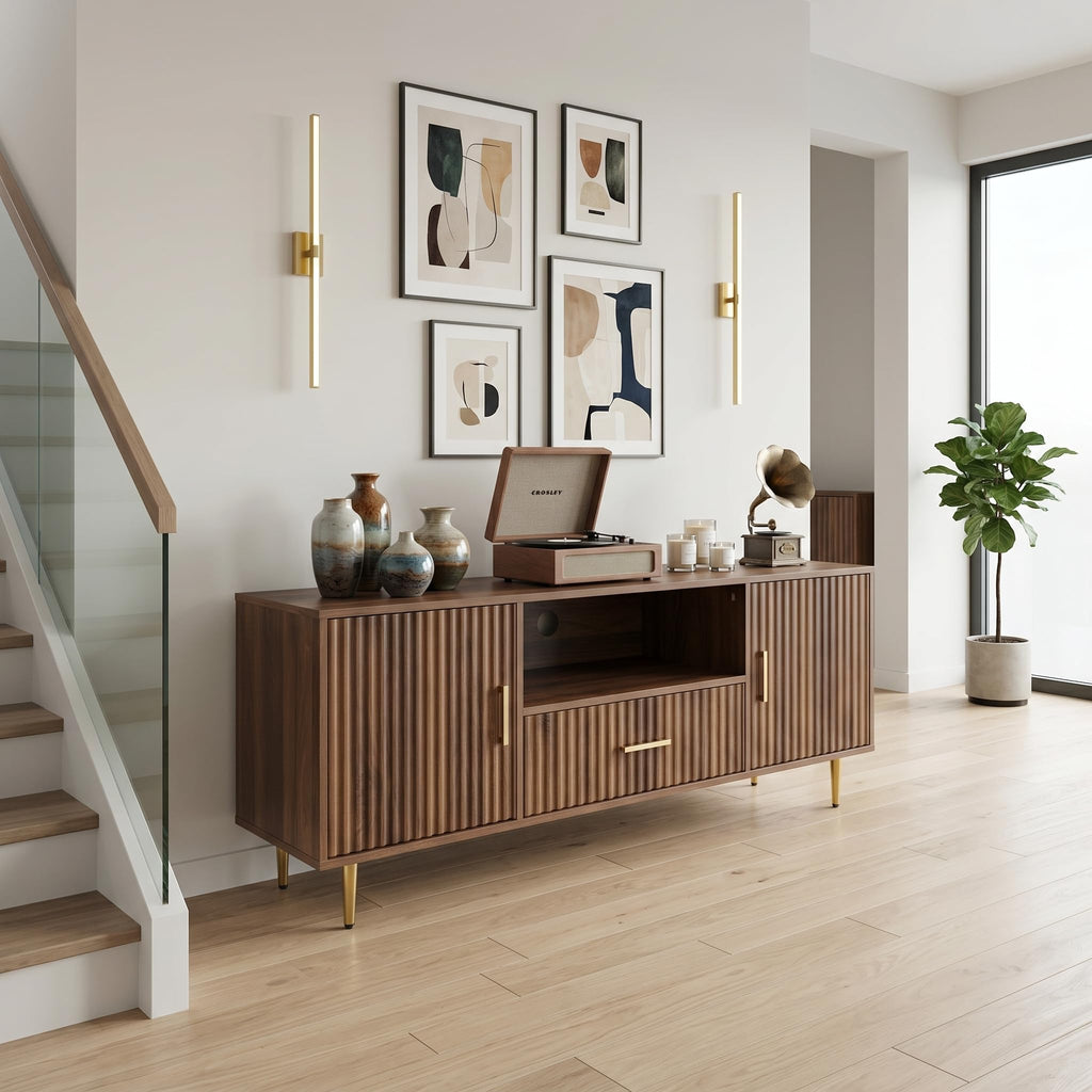 Luxury Fluted TV Stand, Entertainment Center for TVs Up to 65", Modern Media Console with Drawer and Cabinets, TV