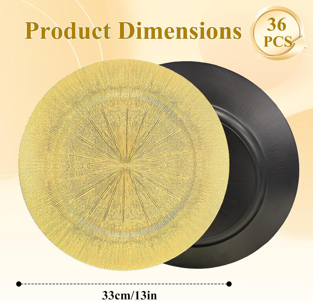 36-Pack 13" Gold Plastic Charger Plates - Heavy-Duty Smooth Rim, Disposable/Reusable, Spill-Proof Round Chargers - Set of 36