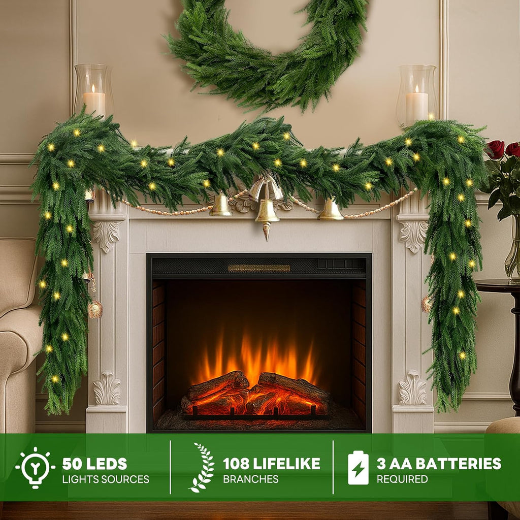 9 FT Artificial Norfolk Pine Garlands with Lights, Pre-Lit Christmas Garland, Real Touch Pine Artificial Faux