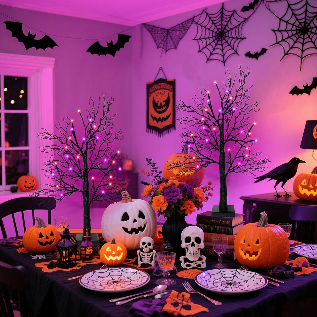 Halloween Decorations Indoor - 2Pack 24 Inch Spooky Black Tree with Lights, Lighted Tabletop Tree with Timer - Set of 2