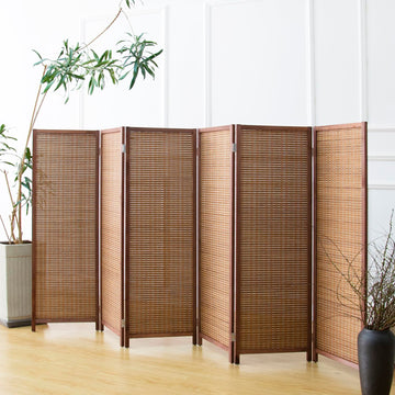 6 Panel Short Room Divider Screen, Brown Freestanding Partition, Small Bamboo Panel Divider for Room Seperation, 3.95 FT