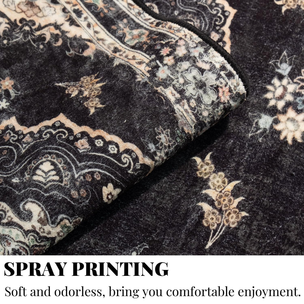 Black Runner Rug Washable 2x8 Area Rugs Non Slip Low-Pile Floral