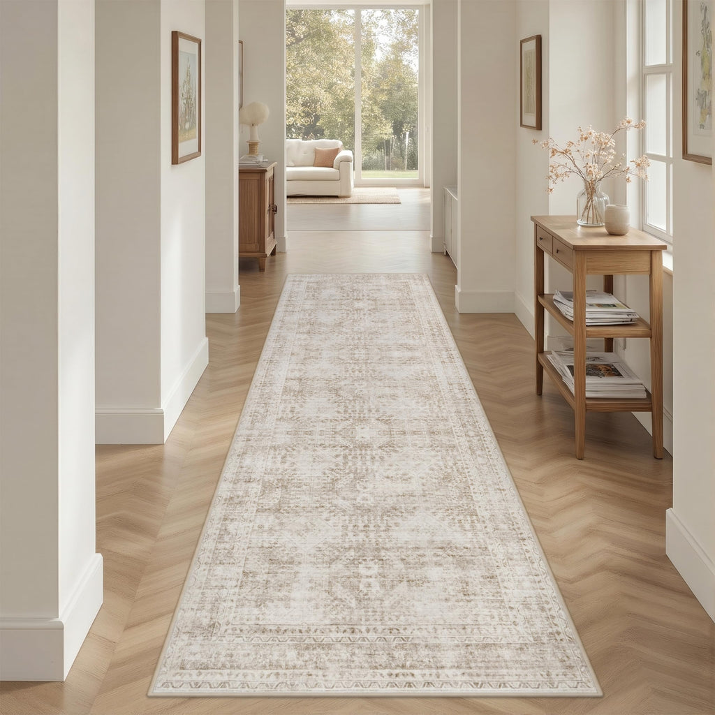 Hallway Washable Runner Rug: Neutral Kitchen Carpet Brown