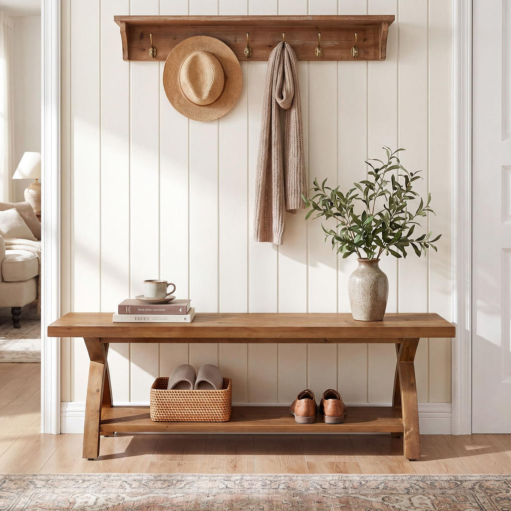 47.24" Solid Wood Entryway Bench with Shoe Storage, 2-Tier Rustic Indoor Bench, Foyer, Hallway