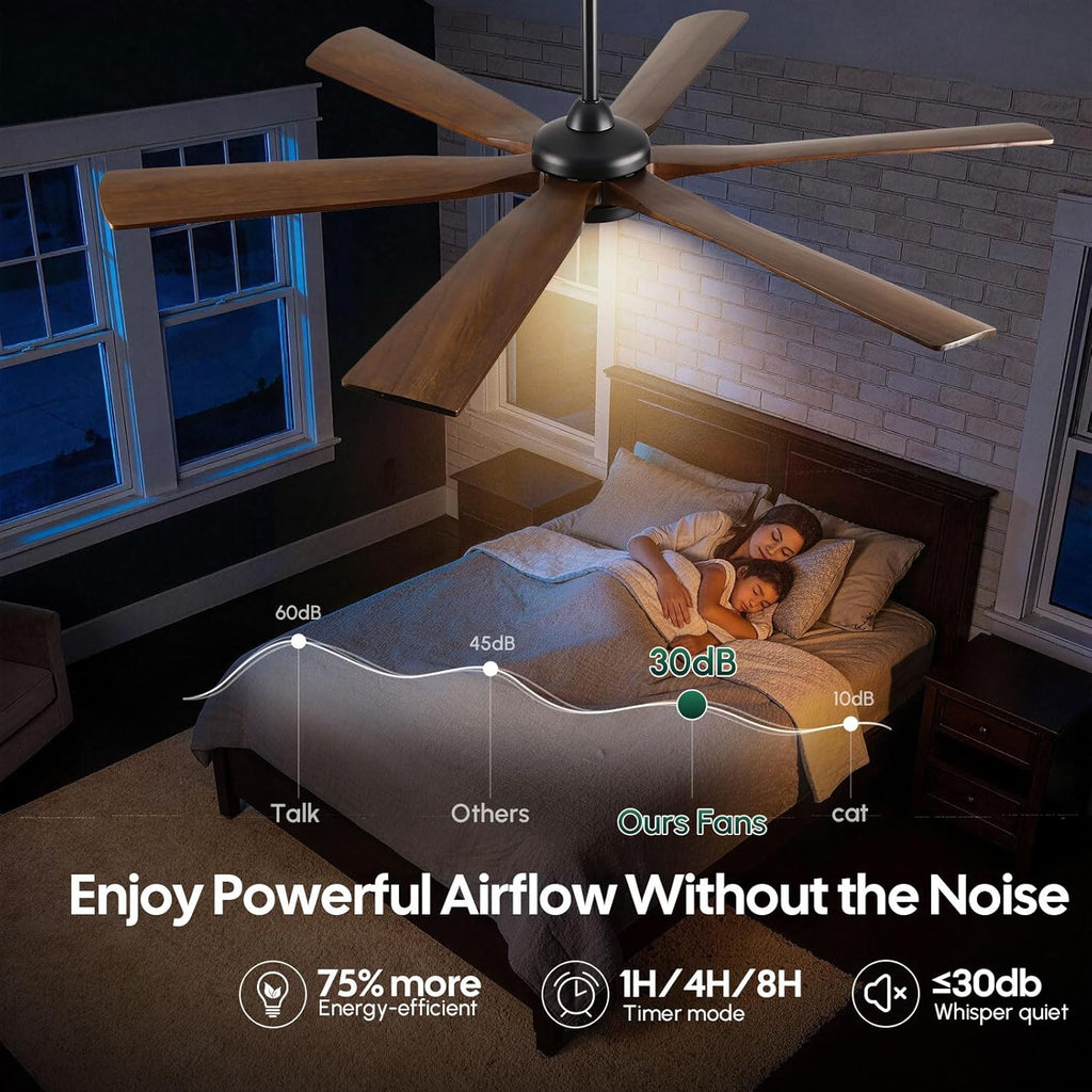 60 Inch Ceiling Fan with Light and Remote, Rustic Farmhouse Style, 6 Brown Solid Wood Blades