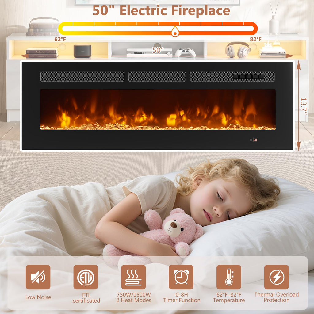 90" Fireplace TV Stand for TVs up to 100", Modern Entertainment Center with 36" Electric Fireplace, Built-in Power