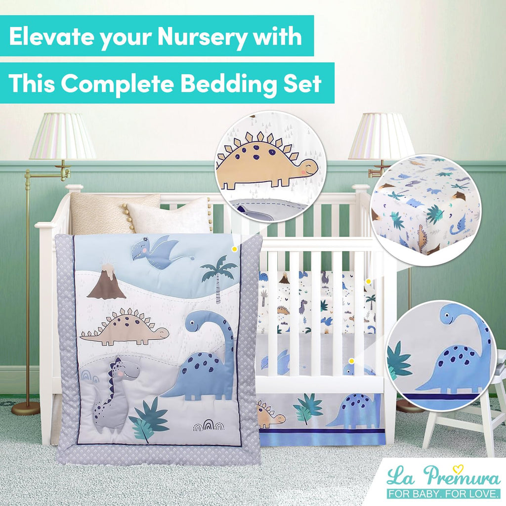 Baby Crib Bedding Set for Boys - Dinosaur 3 Piece Standard Size Nursery Crib Comforter Set, Grey/Blue - Unisex Baby