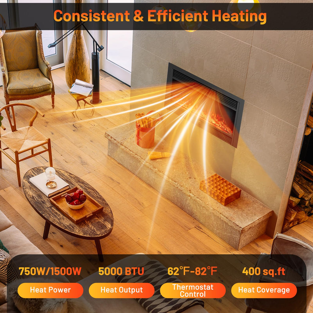 36" Electric Fireplace, Wall Mounted/Recessed, 3-Color Flame, 5 Brightness, 8H Timer, 750/1500W Freestanding Insert