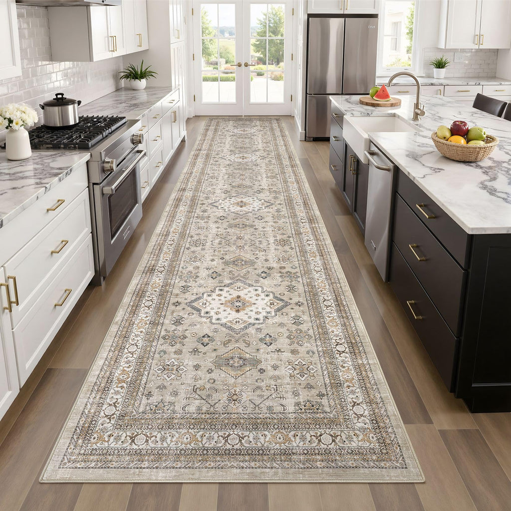 3x12 Hallway Runner Rug, Non-Slip Vintage, Beige
