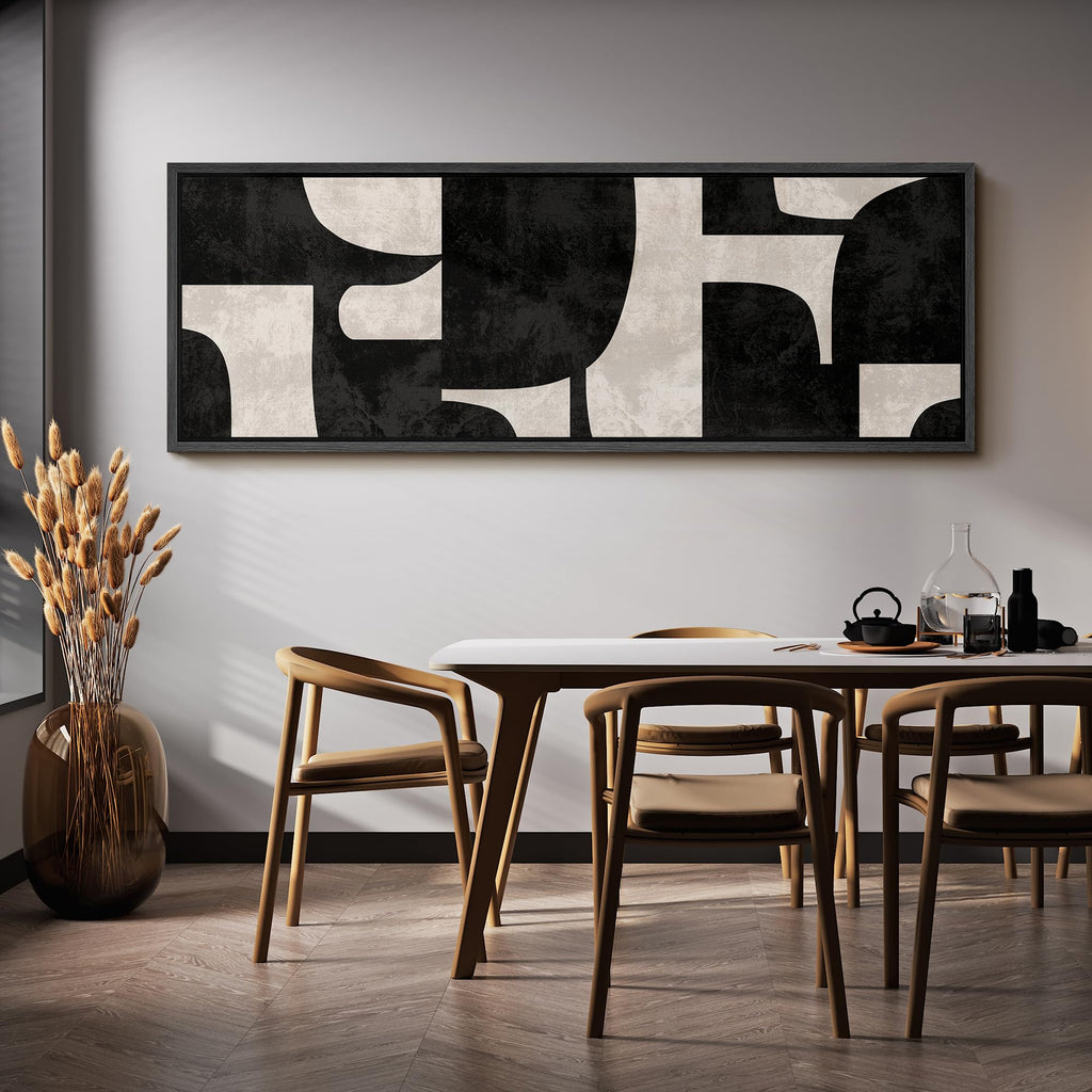 Large Framed Canvas Black and Beige Geometric Abstract Mid-Century Illustrations Modern Art Calm Warm - 60"" x20