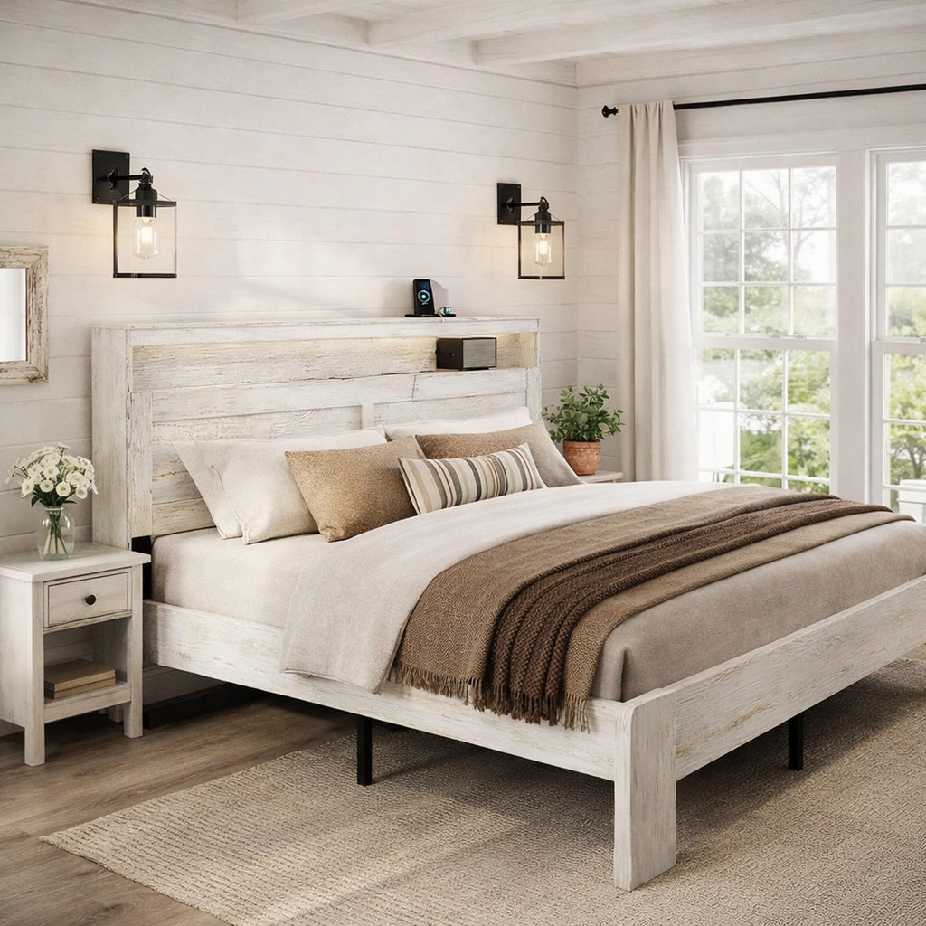 Wooden Bed Frame with Headboard, Rustic Platform Bed Frame