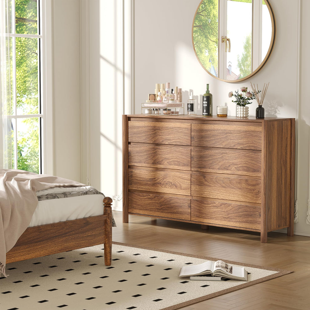 55" Wide Walnut 8 Drawer Dresser with Solid Wood Legs