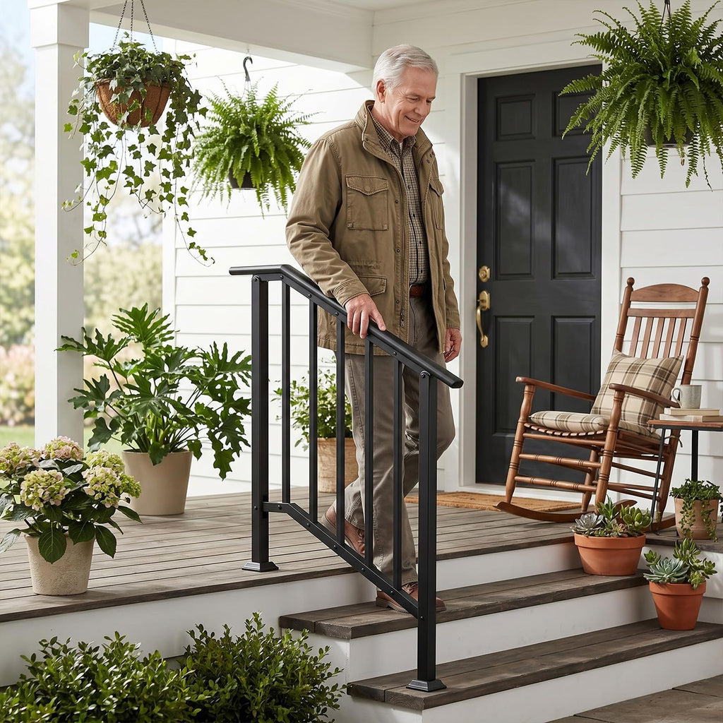 2 Pack 3 Step Handrails for Outdoor Steps, Wrought Iron Stair Railing Fits 2 or 3 Steps, Metal Hand Railing with