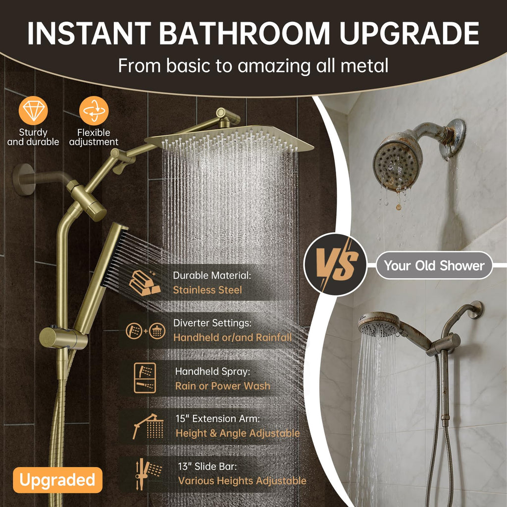 All Metal 10" Luxurious Gold Rain Shower Head with Handheld,Power Jet