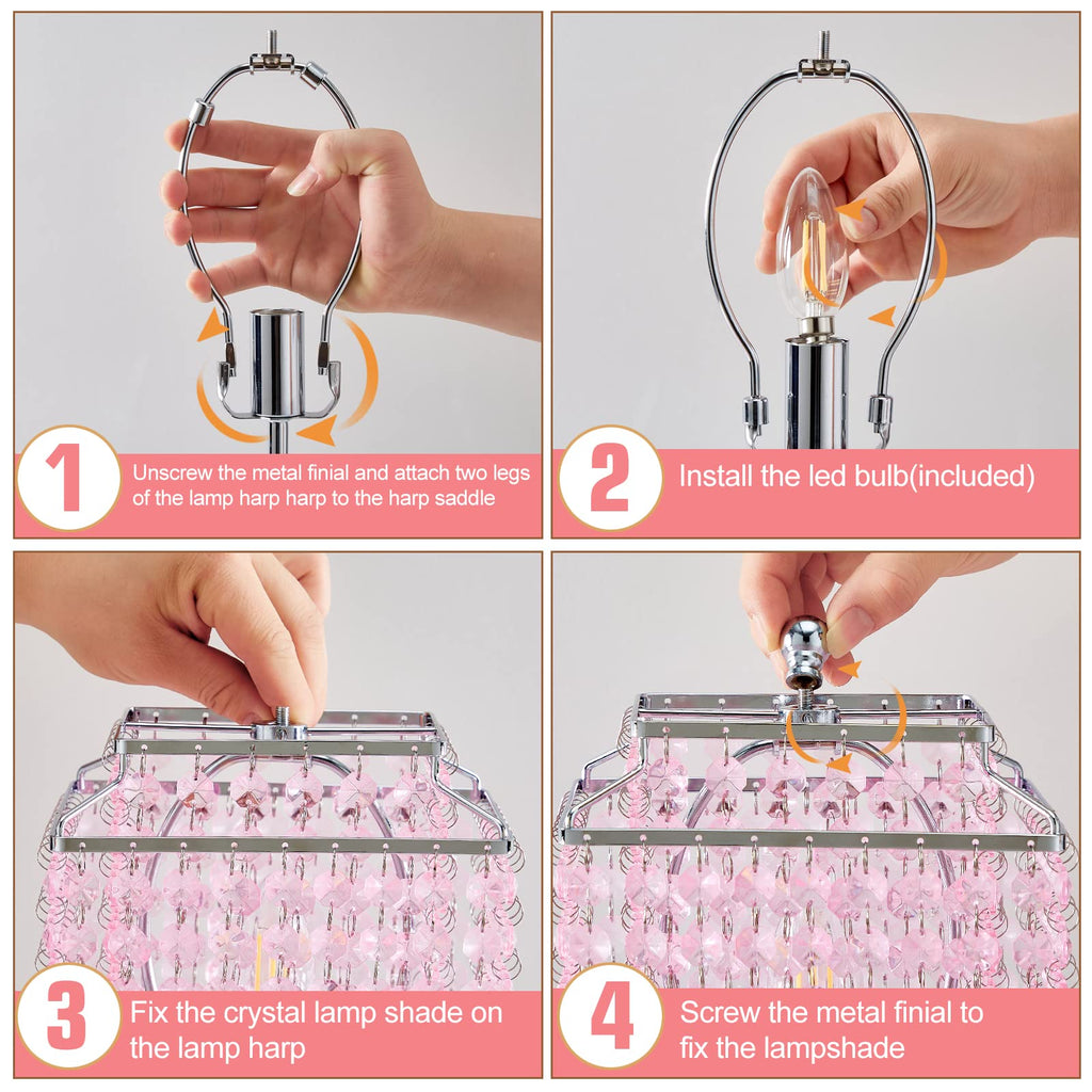 Crystal Touch Table Lamp, Bedside Lamp with USB C+A Ports, Pink Lamp