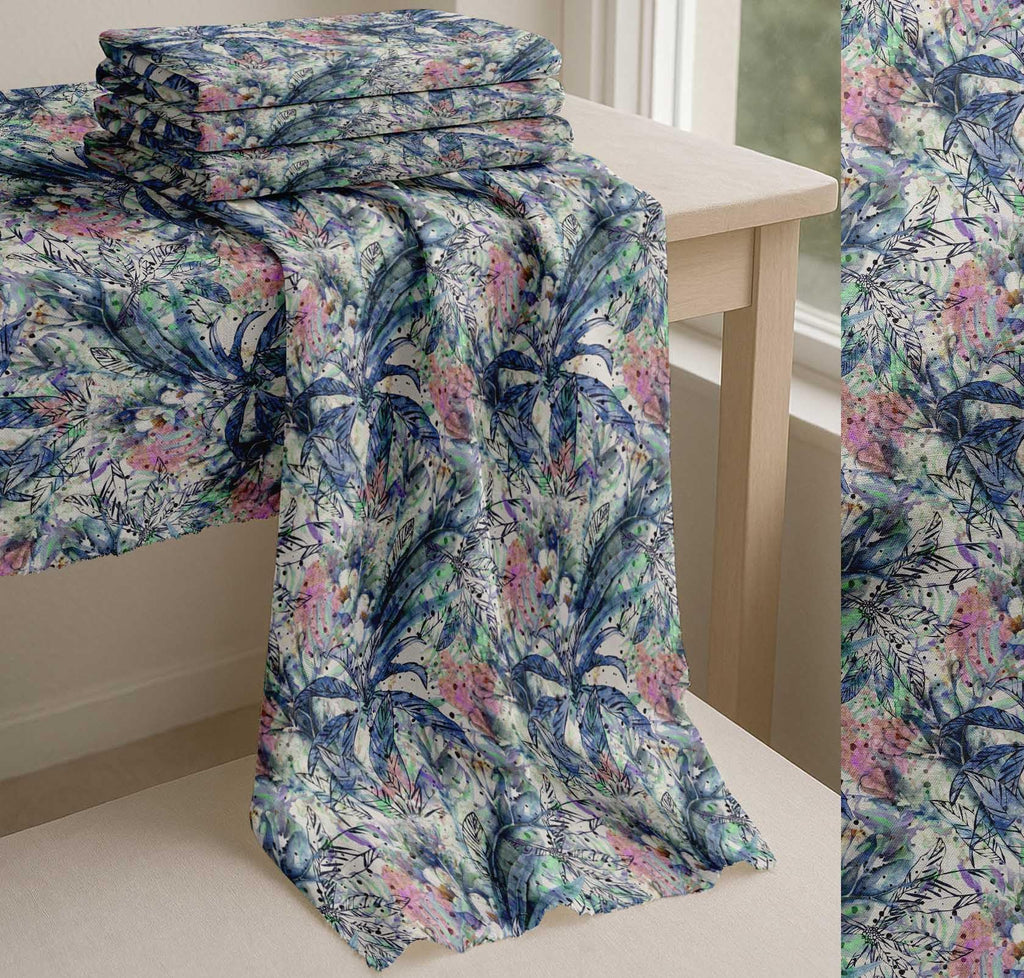 Cotton Voile Blue Fabric - by The Yard - 56 Inch Wide - Flower & Leaves Watercolor Palette Material - Botanical and