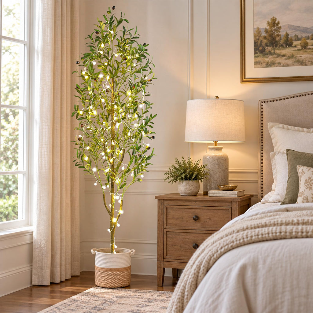 6FT Lighted Artificial Olive Tree with Planter & Basket