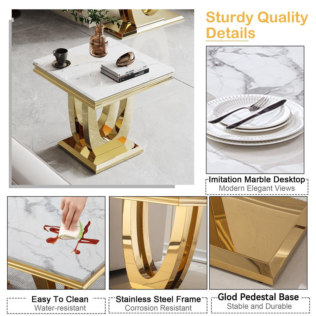 Inspired Saarinen Style Marble Luxury Gold Side Table with Geometric U-Shape Stainless Steel Pedestal Modern Square Sofa Side Table White