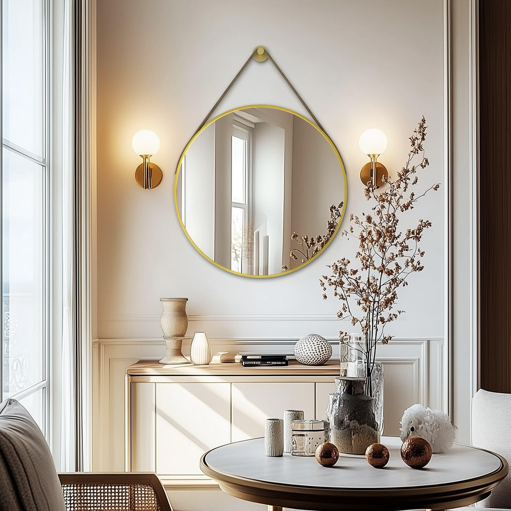 Hanging Strap Wall Mirror: 27.5in Round Bathroom Mirror Gold Frame