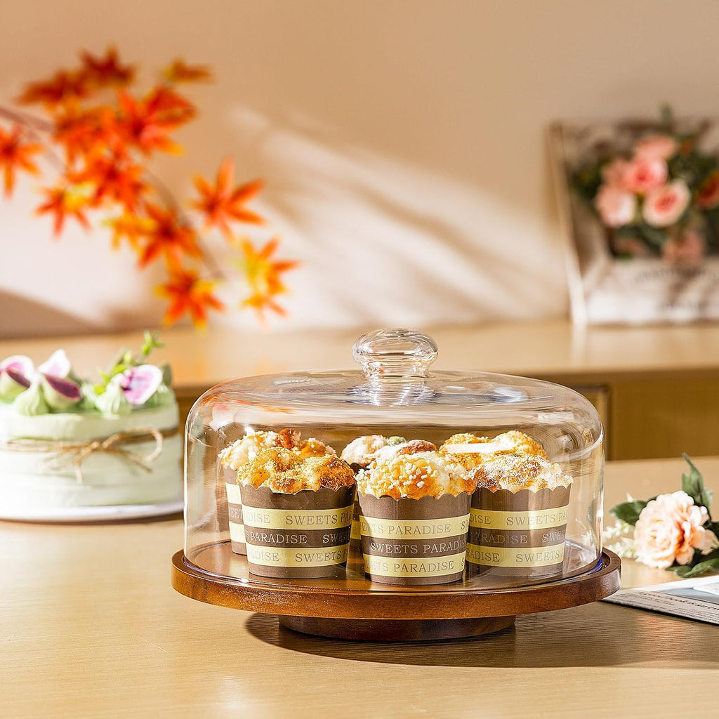 Cake Holder with Lid: 11in Wooden Rotating Cake Stand w/Glass Dome