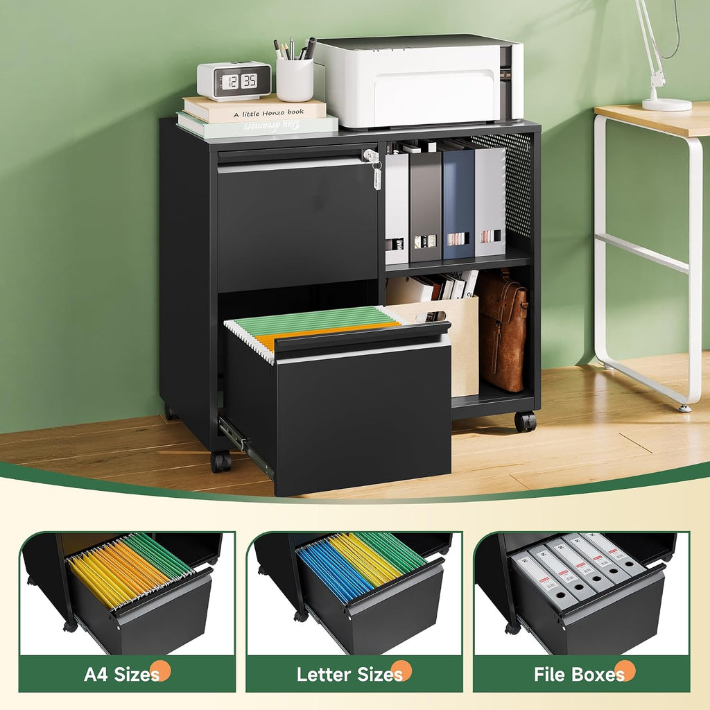 Mobile File Cabinet, Metal Lateral Rolling Printer Stand Filing Cabinets with Shelves -Storage A4/F4 (Black)