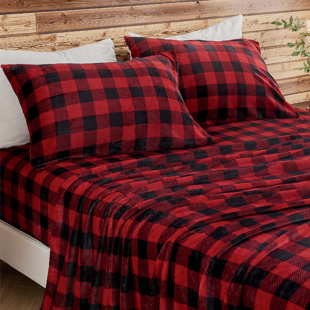 Plaid Flannel Sheet Set, Full Size, Red and Black, 4 Pieces