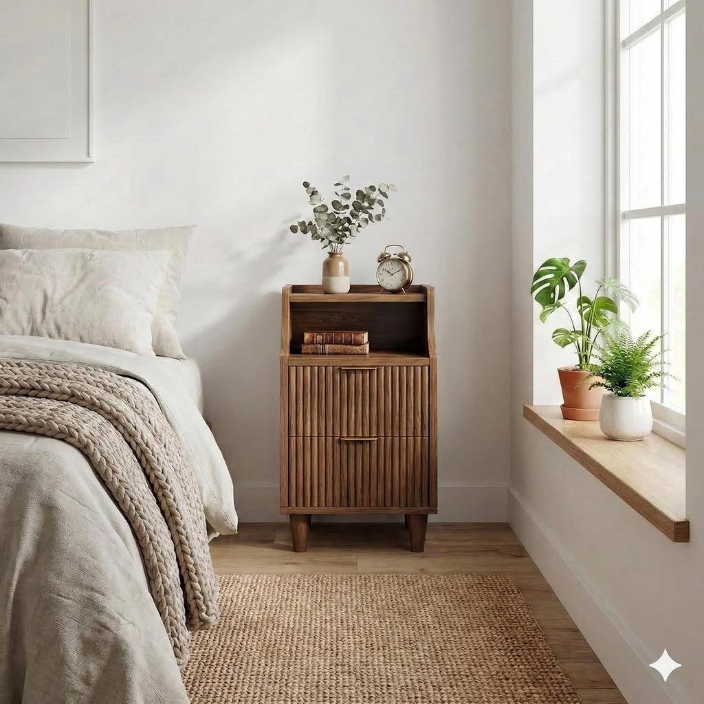 11.8" Narrow Fluted Nightstand Set of 2,Slim Side End Table with 2 Drawers,Mid-Century Modern Bedside Table,Skinny