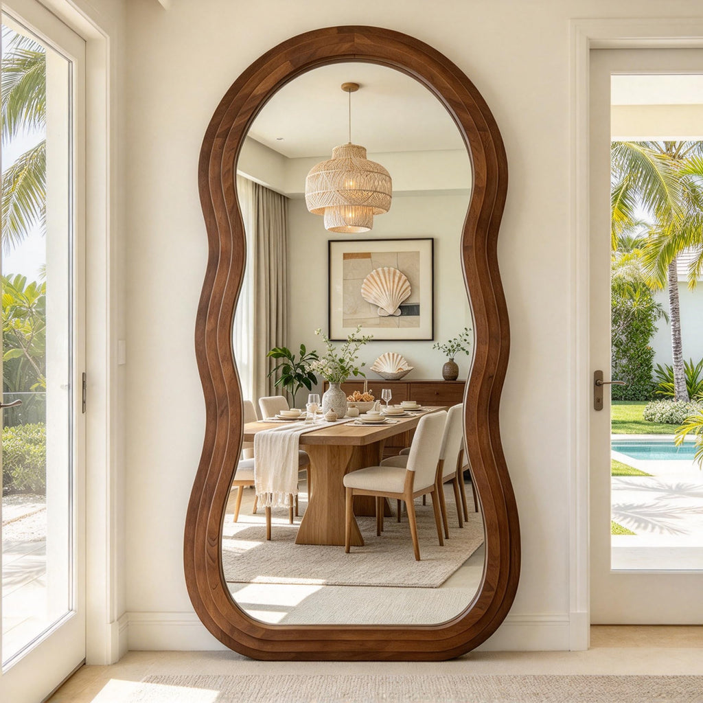 Wavy Full Length Mirror, 71"x33.5" Arch Solid Wood Floor Mirror