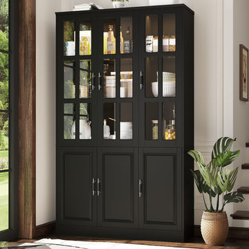 78.7" Kitchen Pantry Storage Cabinet with LED Lights, Tall Pantry Cabinet with Glass Doors, Kitchen Hutch Utility