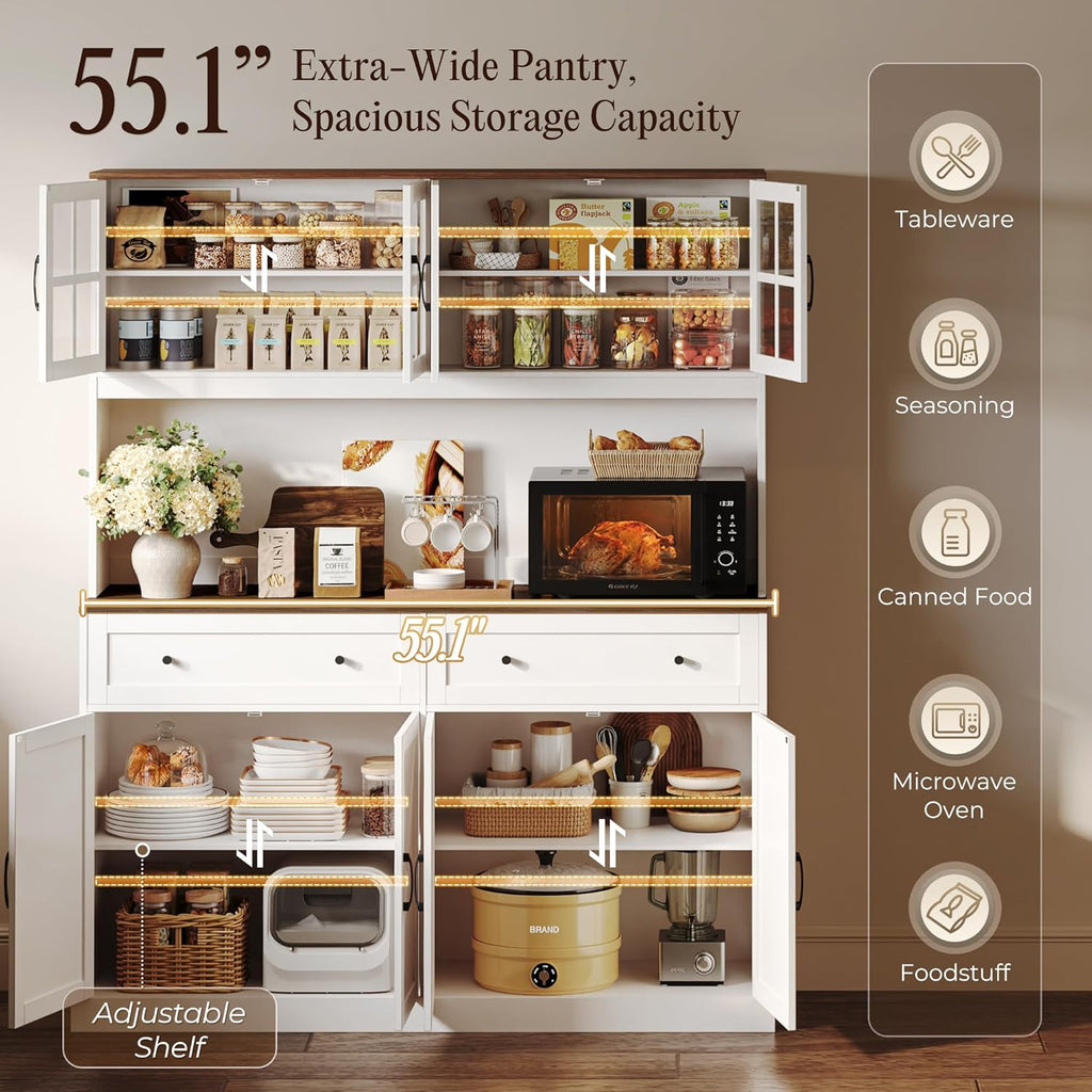 71''H x 55.1''W Pantry Cabinet with Charging Station, 4 Wide Cabinets Kitchen Pantry with 2 Drawers, Farmhouse Hutch