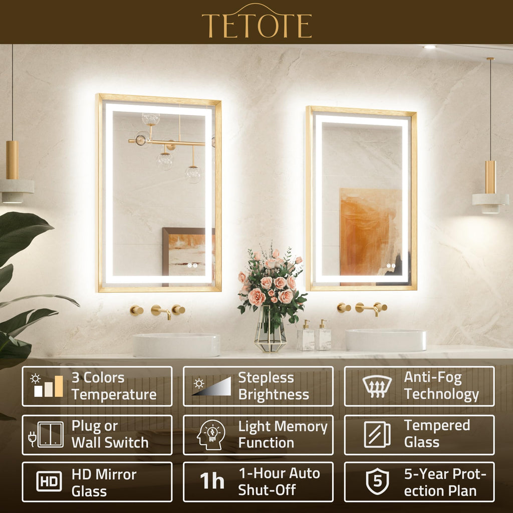 24 x 32 Bathroom LED Mirror Brushed Gold Metal Frame Frontlit & Backlit Vanity Mirror Anti-Fog Stepless Dimmable 3