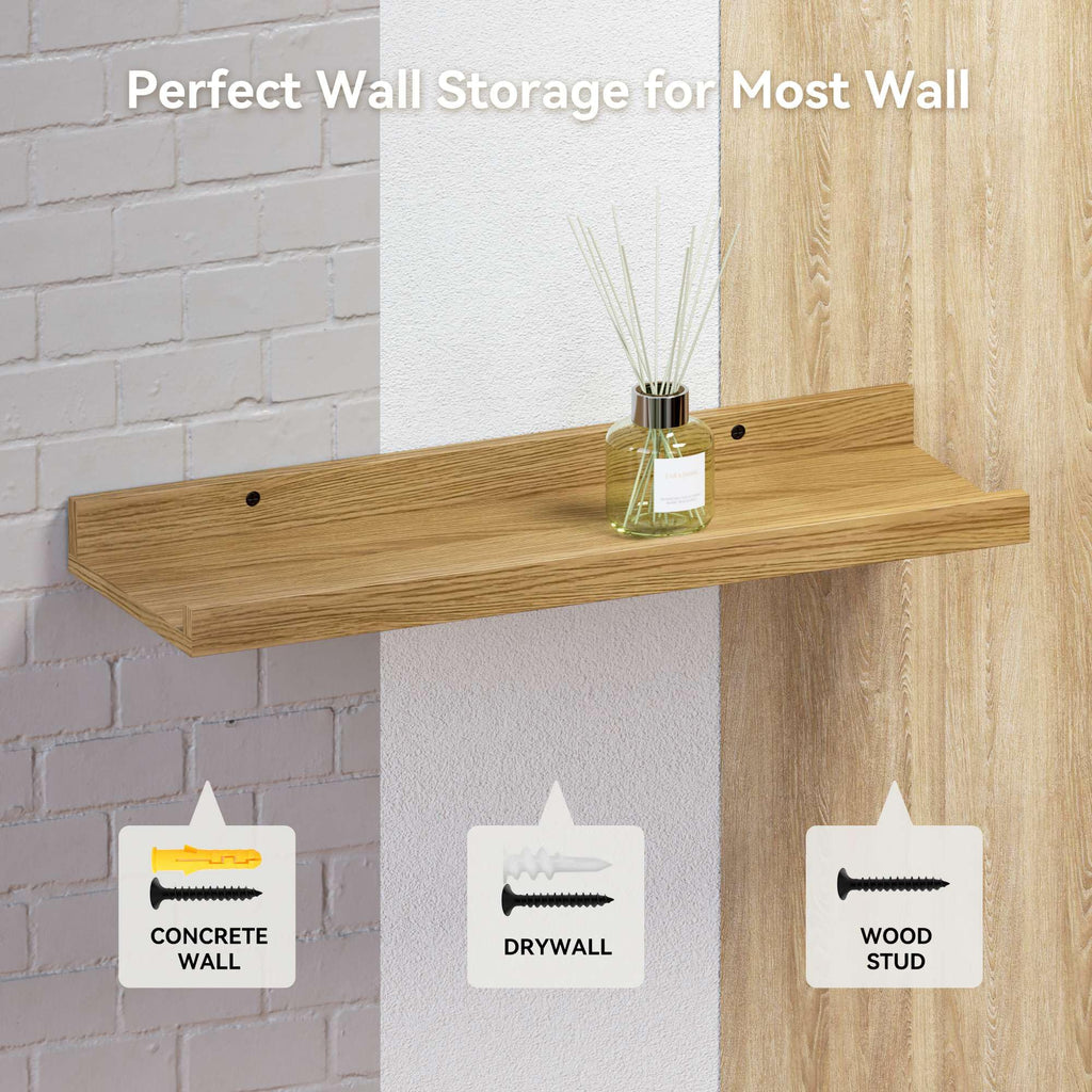 5-Set Floating Shelves with Lip, Oak Wall Mounted Wood Shelf