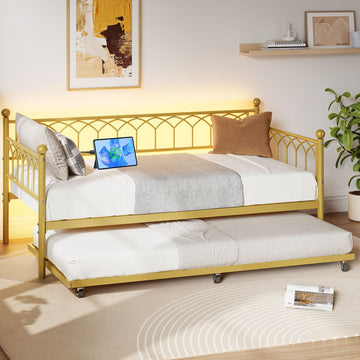 Twin Gold Daybed with Trundle with Charging Station, Led Light