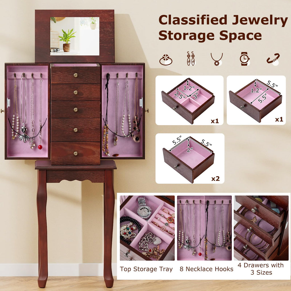 Standing Jewelry Armoire Cabinet with Top Flip Mirror, Jewelry Box Chest with 4 Drawers, Top Compartments, 8 Necklace