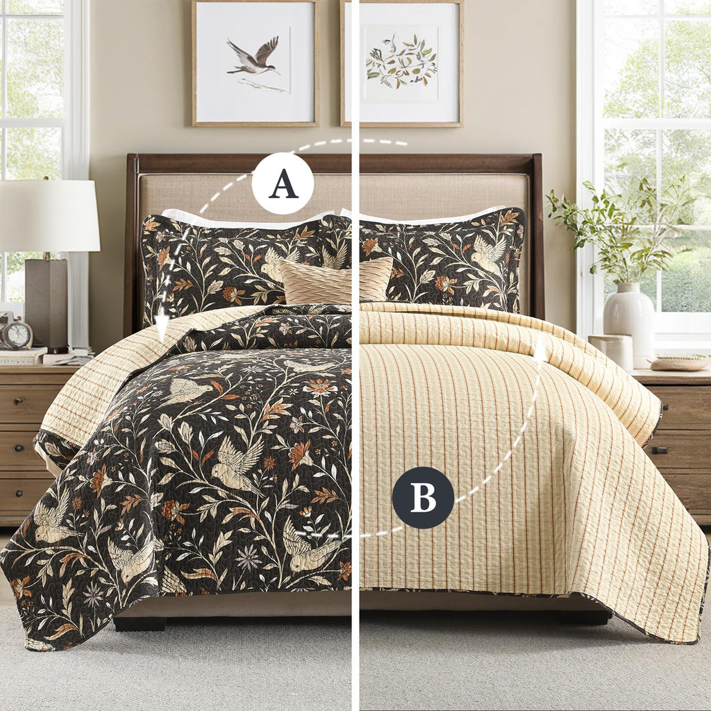 100% Cotton Quilt Set - Floral Quilted Comforter, Reversible Botanical Bird Pattern Farmhouse Quilt