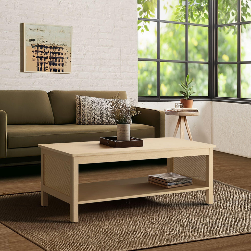 Handcrafted Rattan Decorative Coffee Table, Modern Farmhouse Style Center Table with Storage Shelf, Easy Assembly