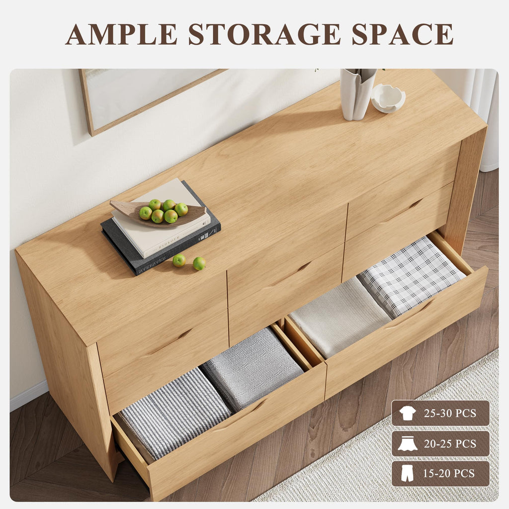 Natural Oak 8 Drawer Dresser, 55" Wide Chest of Drawers