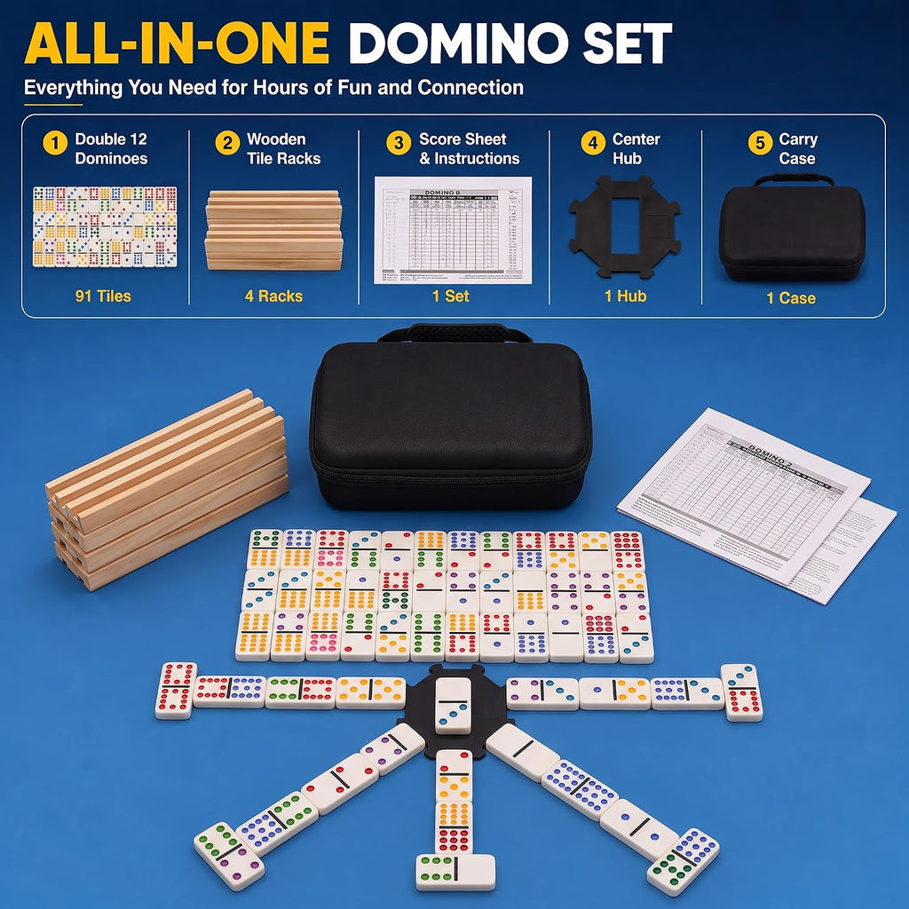 Double 12 Jumbo Dominoes Tiles Set for Adults Mexican Train - 91 Colored Dot Domino Tiles with 4 Wooden Racks, Center - Set of 91