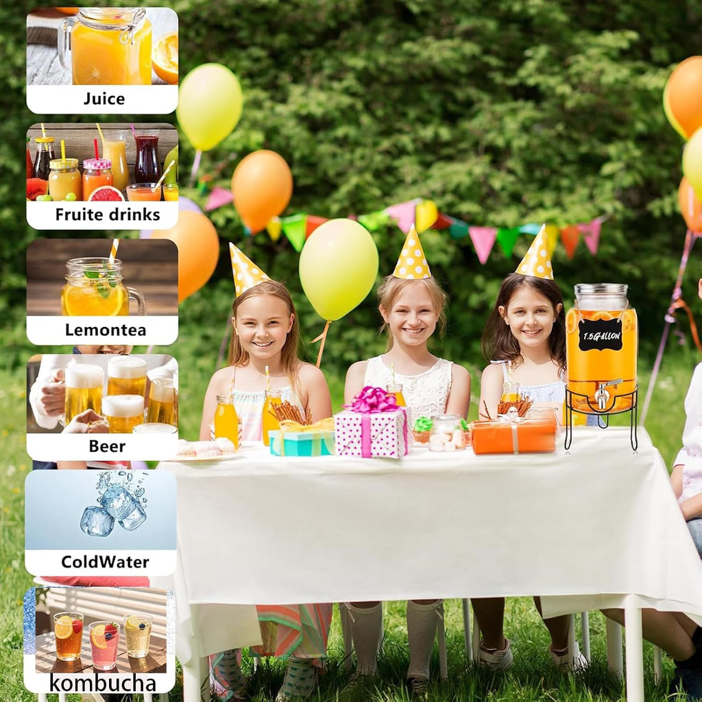 1.5 Gallon with Stand and Lid for Parties,Glass Drink Dispenser with Stainless Steel Leakproof Spigot,Mason Jar Drink