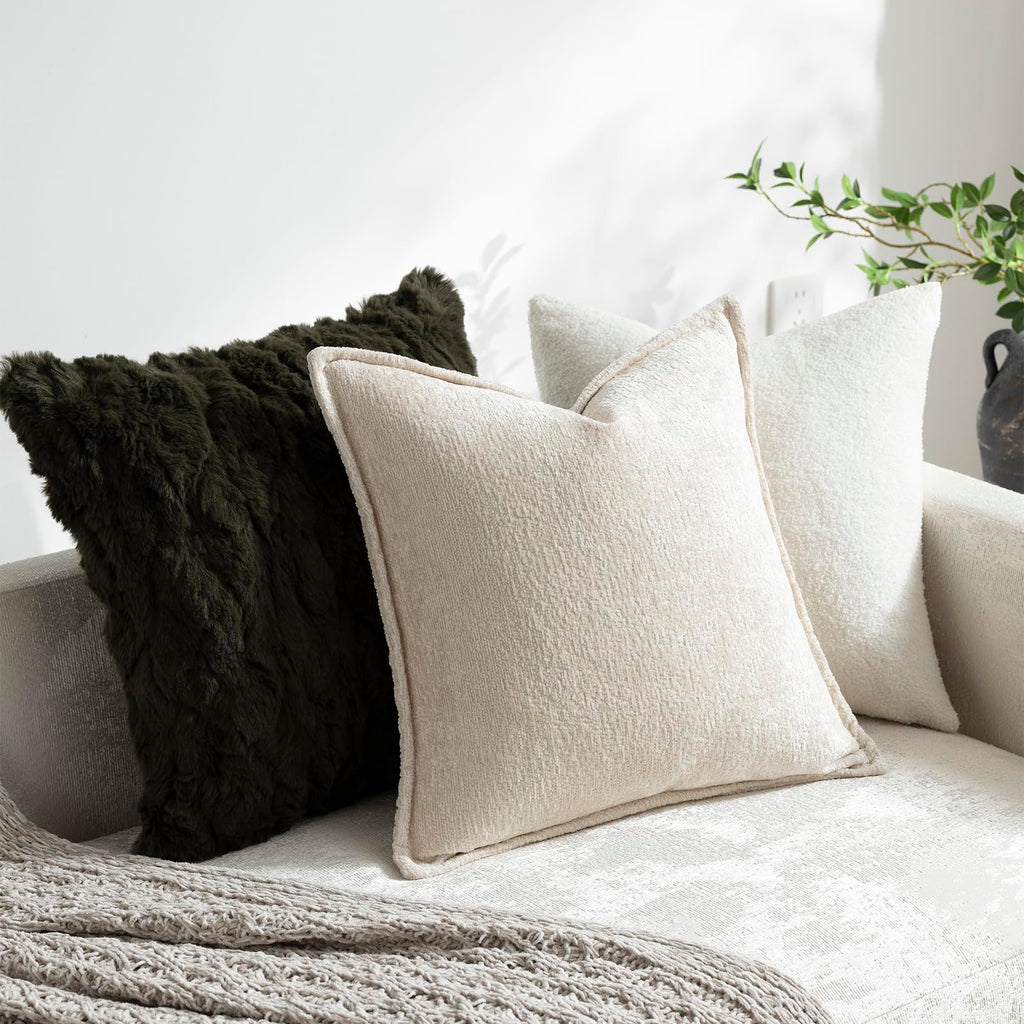 Pack of 2 Beige Decorative Throw Pillow Covers 24x24 Cozy Soft Chenille Accent Vintage Square Couch Pillow Covers