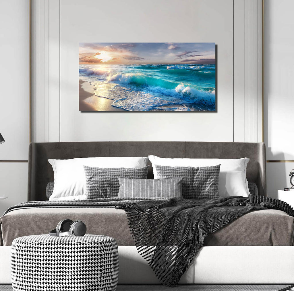 Ocean Wall Art, Blue Wave and Large Coastal Beach Canvas Wall-Decor, Gold Sun Scenery Pictures Office, Size 40x20
