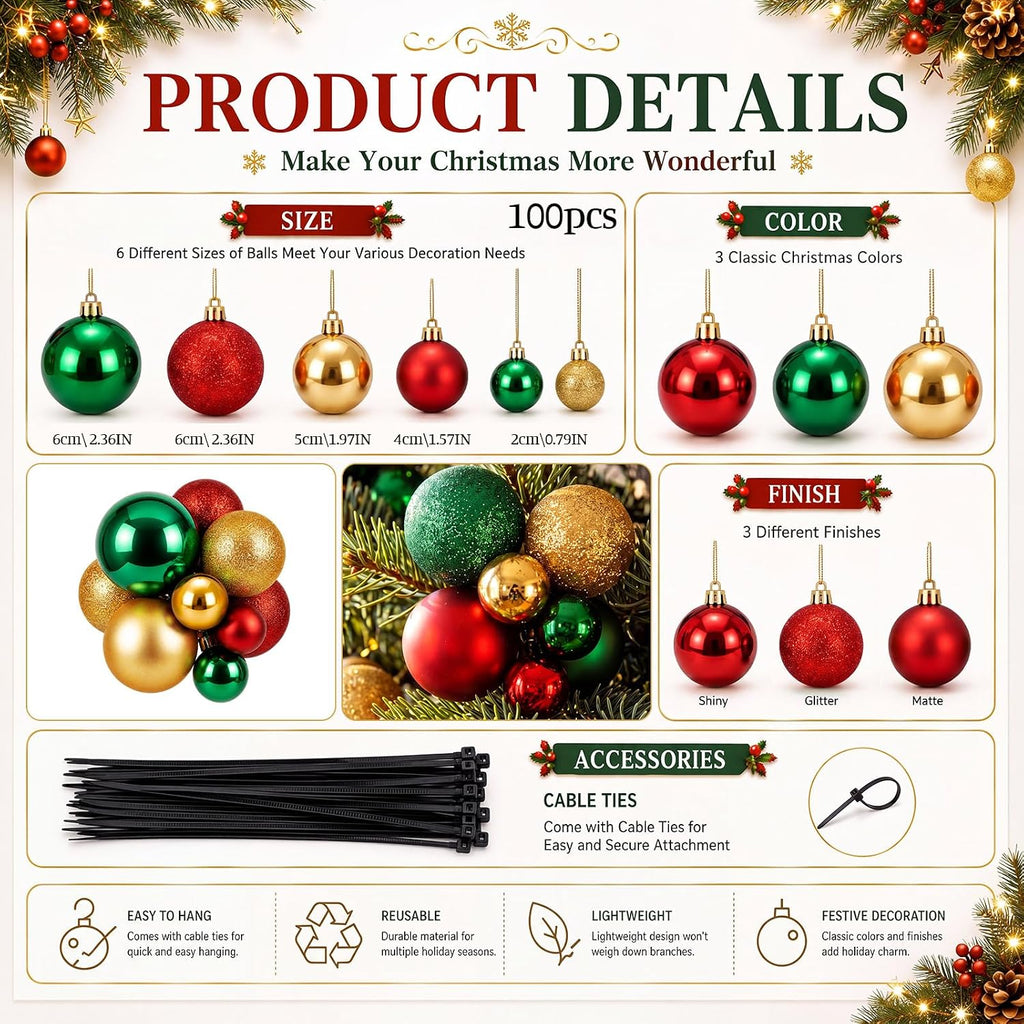 100 Pcs Red Green Gold Christmas Balls Cluster Ornament Decor & Ties