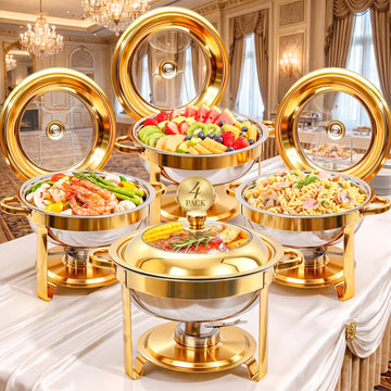 4 Pack 6QT Gold Chafing Dishes for Buffet, Installation-Free Stands, Round