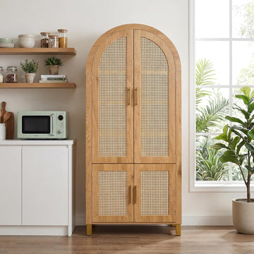 71" Tall Arched Rattan Storage Cabinet with 4 Doors & Adjustable Shelves, Farmhouse Freestanding Cupboard with