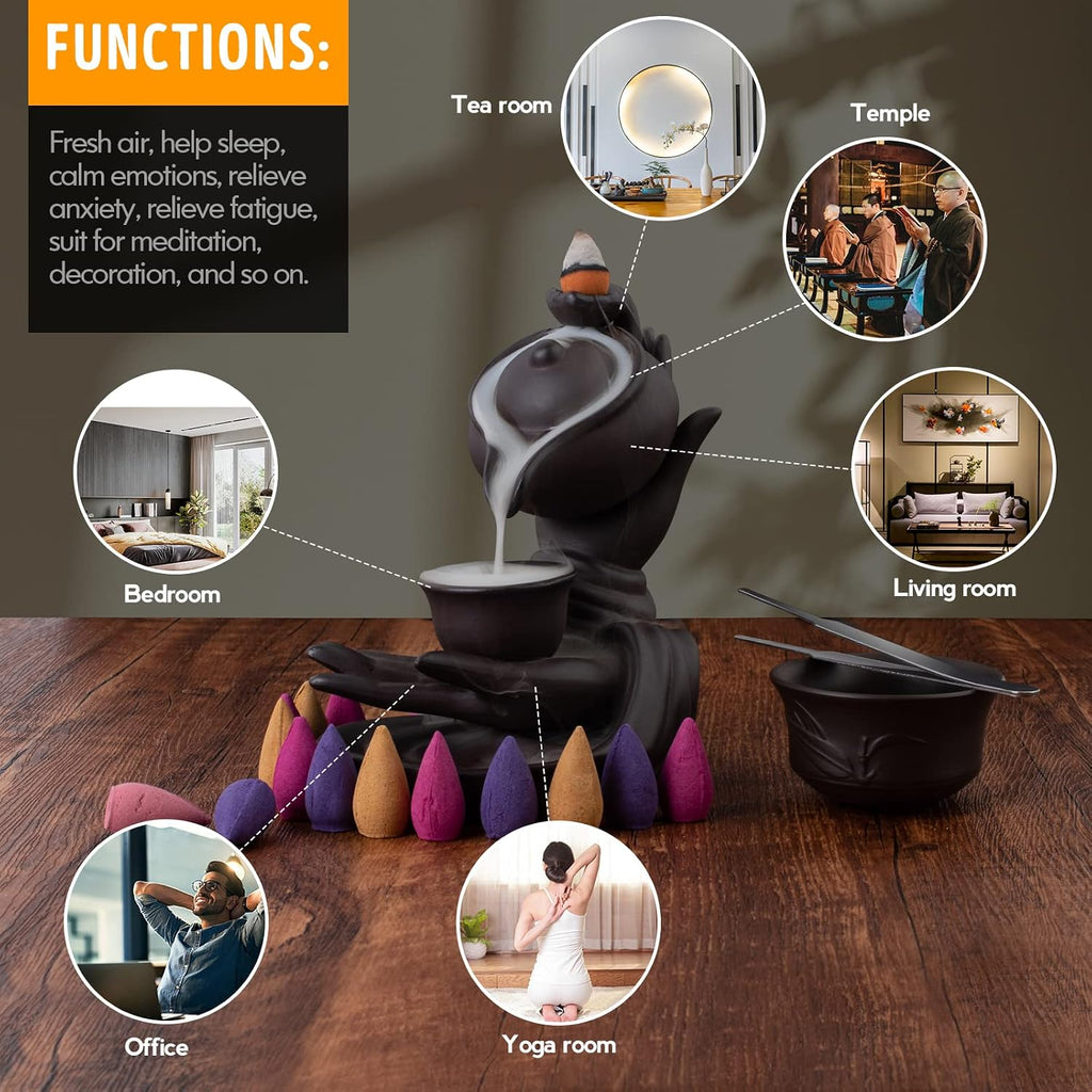 Waterfall Incense Burner Buddha Hand Backflow Incense Waterfall Burner Smoke Incense Holder Waterfall with 100 - Set of 100