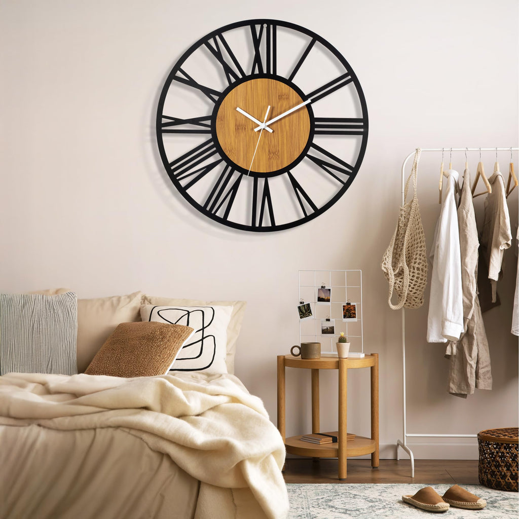 40" Large Display Wall Clock Decor - Silent, Battery Operated, Black Metal, Modern, Rustic Wood Clocks