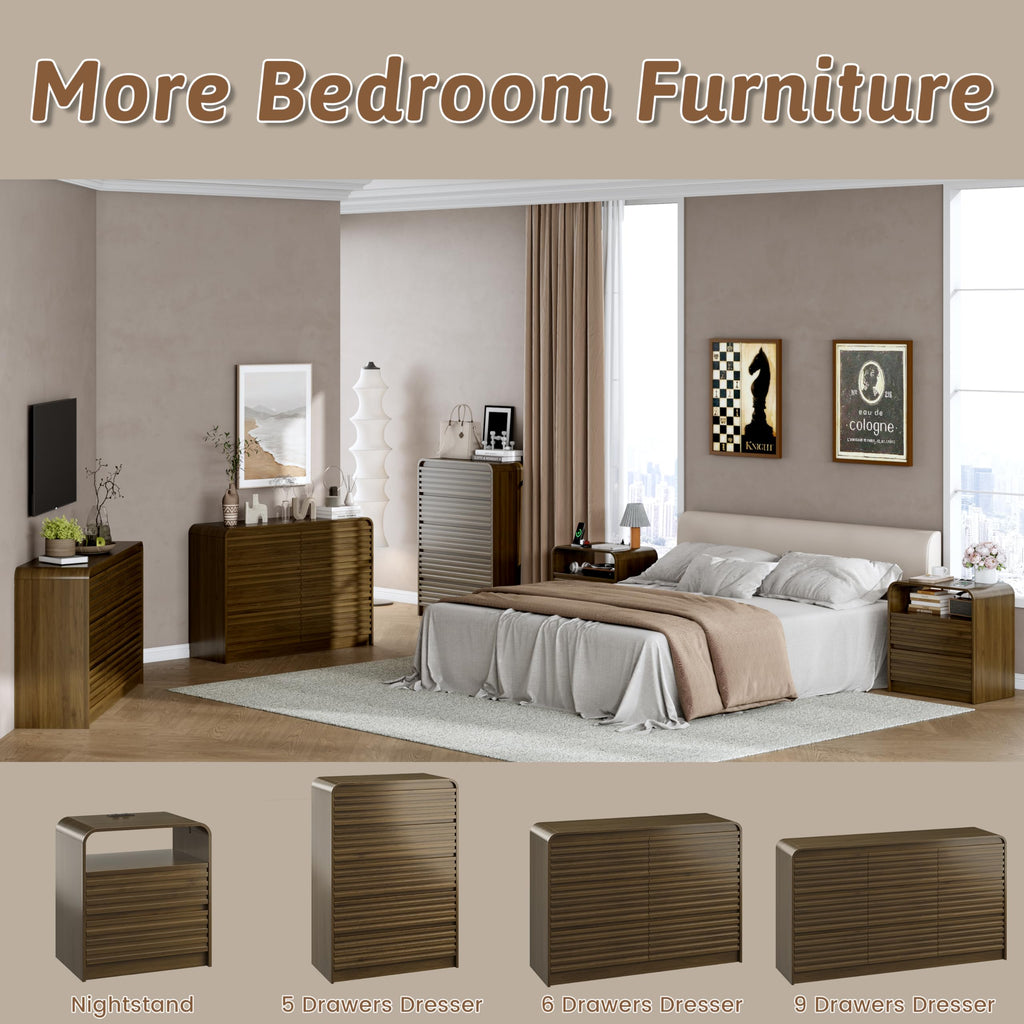 Fluted 9 Drawers Dresser, 59" Wide Chests of Drawers, Walnut
