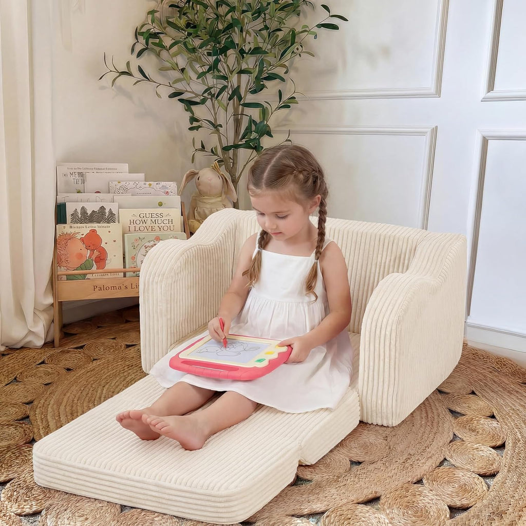 Kids Couch, in-1 Corduroy Fold Out Chair, Washable Foam, Beige